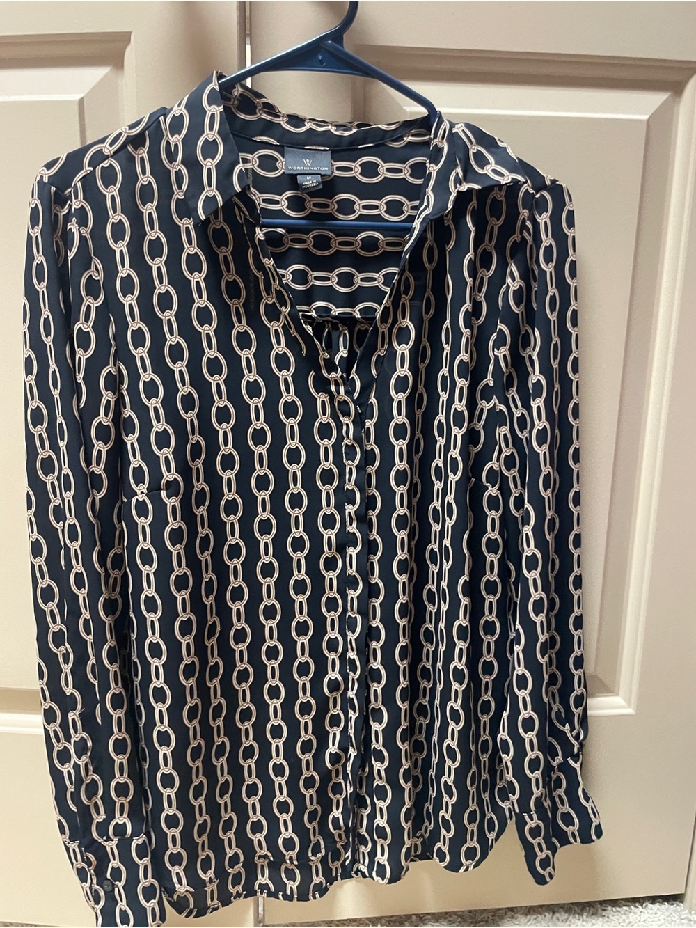 Worthington Black Button-Down Shirt with Cream and Gold Chain Print
